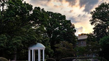 Old Well in front of trees and sunset